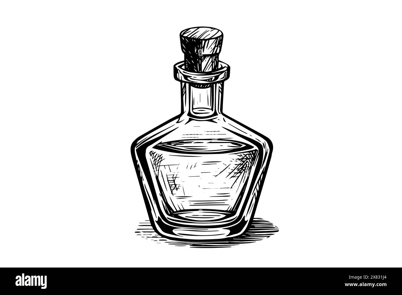 Bottle with wooden stopper hand drawn ink sketch. Engraved style vector ...