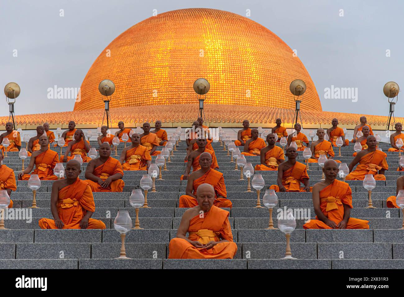 Pathum Thani, Thailand. 22nd May, 2024. Buddhist monks meditate during the Vesak day celebration at Wat Phra Dhammakaya. Vesak Day or Vesakha Bucha Day is the day that commemorates the birth and enlightenment to Nirvana, and death of Buddha in the Buddhists faith. (Credit Image: © Peerapon Boonyakiat/SOPA Images via ZUMA Press Wire) EDITORIAL USAGE ONLY! Not for Commercial USAGE! Stock Photo