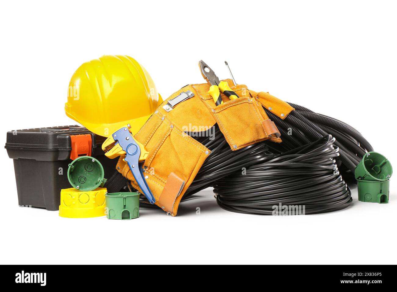 Electrician tools, rolled cables, electrical junction box and socket