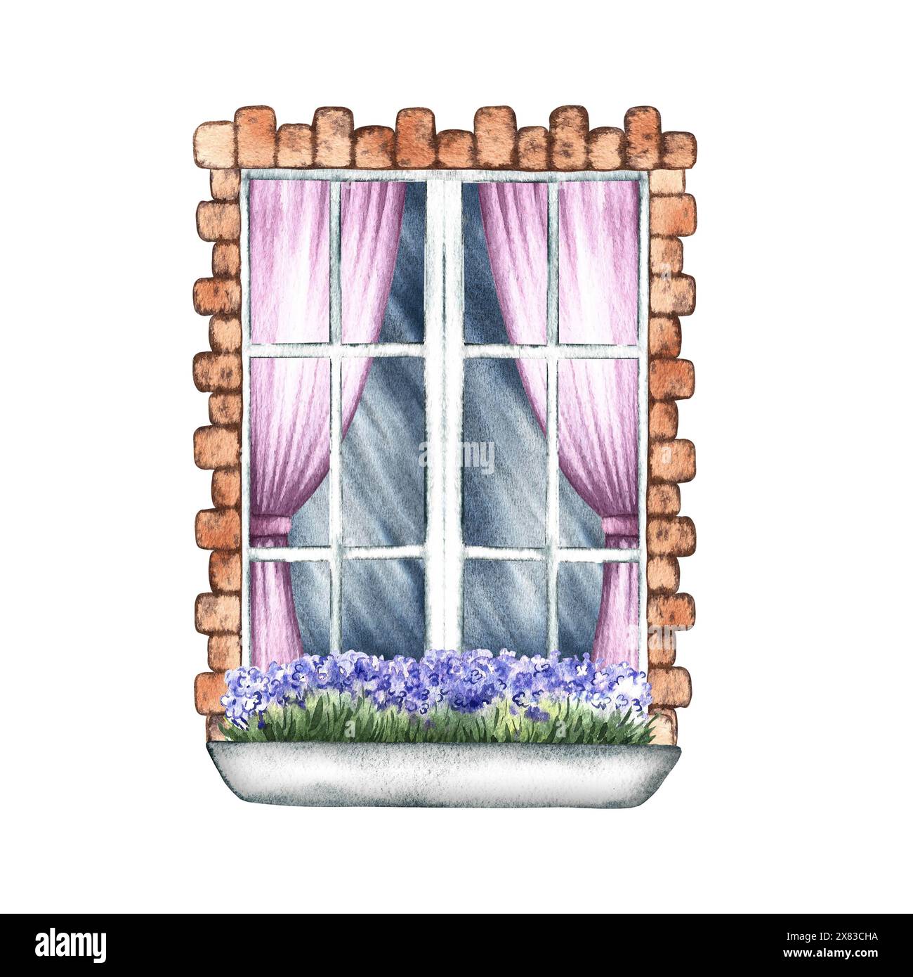 Retro window. An old vintage window framed with brick. With pink ...