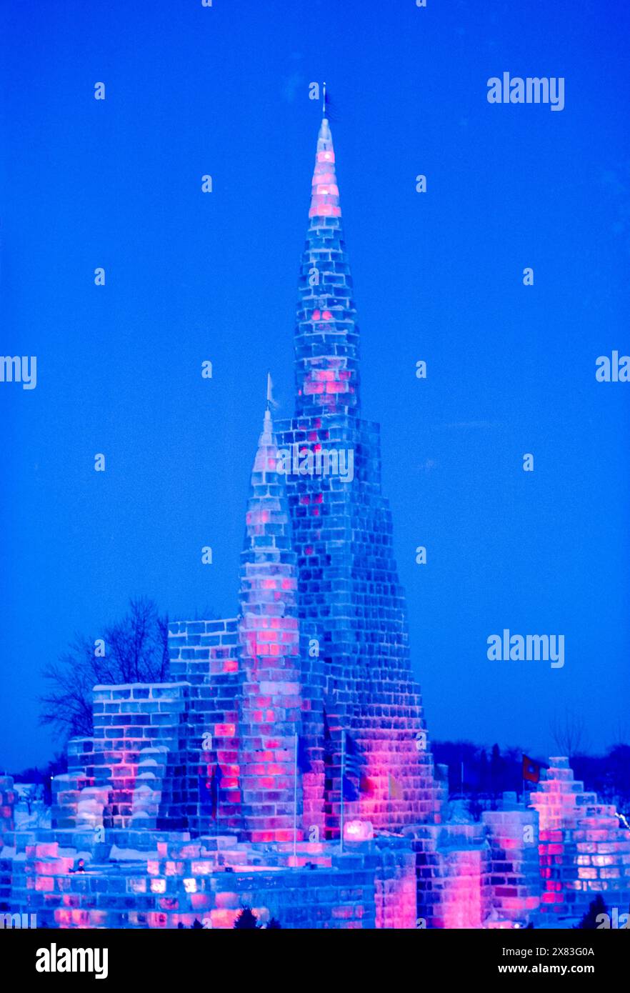 Ice Castle at St. Paul Winter Carnival in Minnesota at night in 1986. Stock Photo