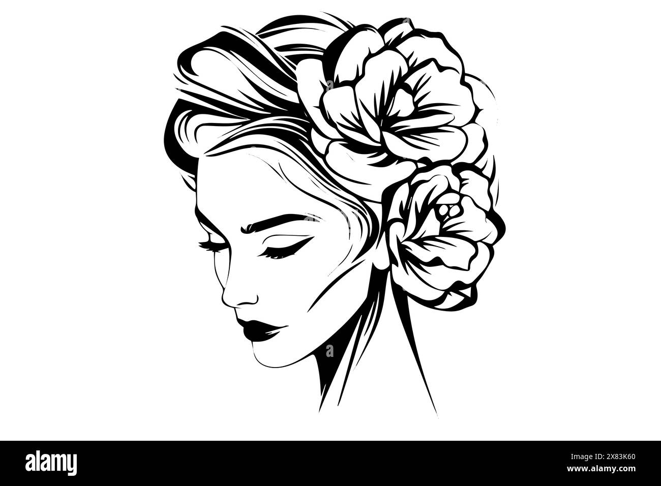 Woman with flowers in hair hand drawn ink sketch. Engraved style vector portrait. Stock Vector
