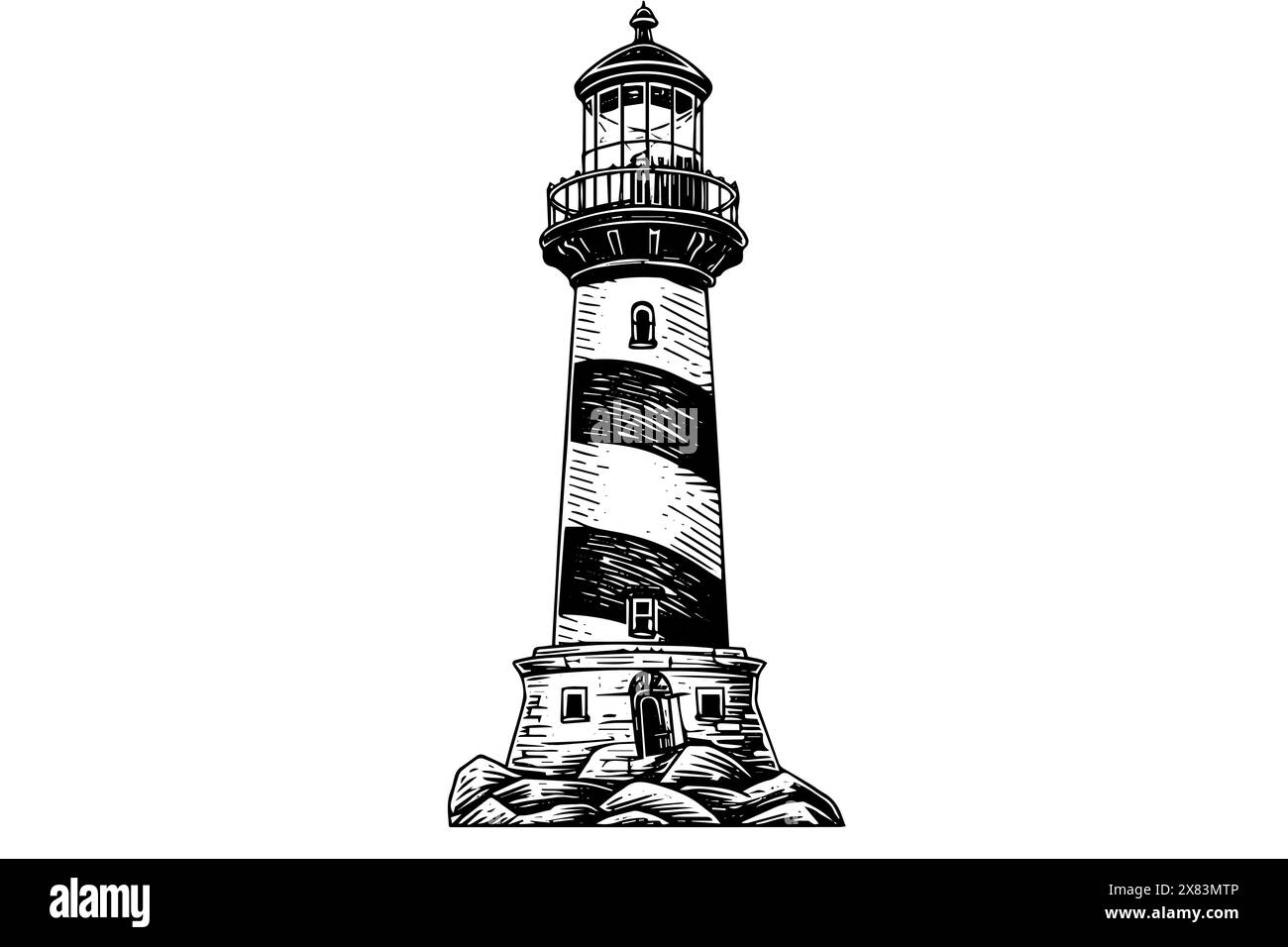 Retro hand drawn illustration with lighthouse engraved on white ...
