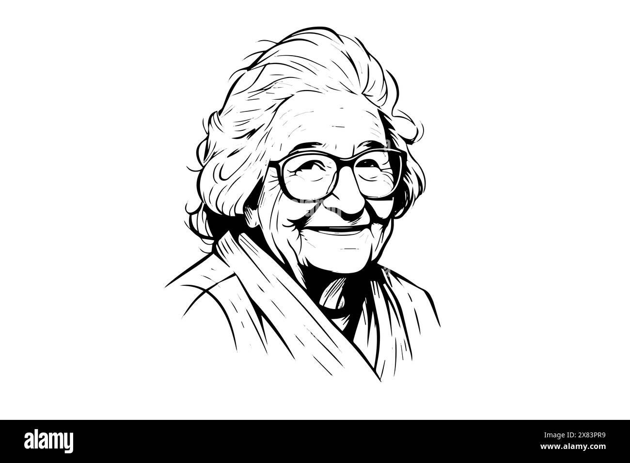 Cute smiling granny hand drawn ink sketch. Engraved style vector portrait. Design for logotype. Stock Vector