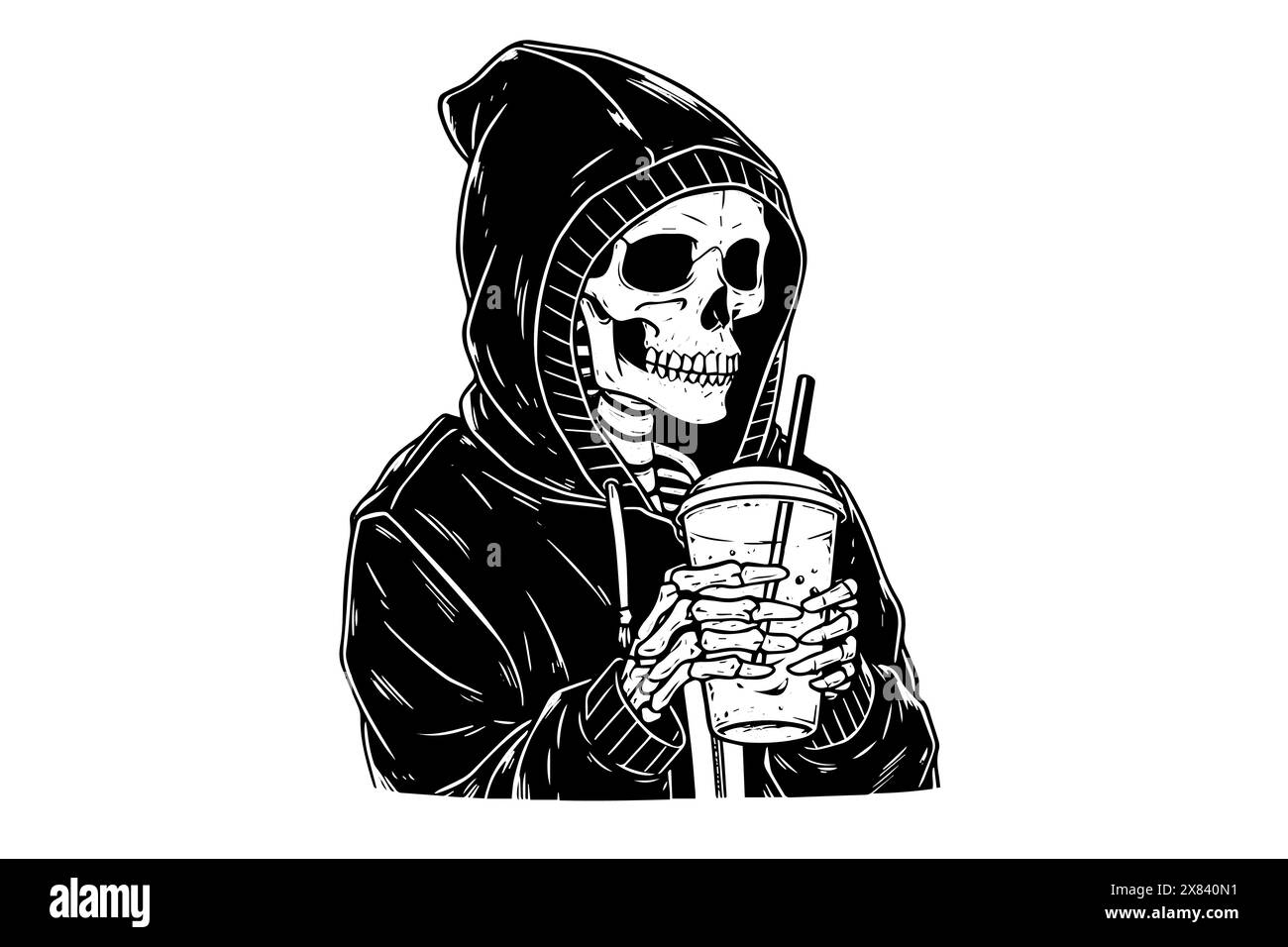 Hooded skeleton is drinking coffee from cup. Engraved lined style with bold lines vector. Stock Vector