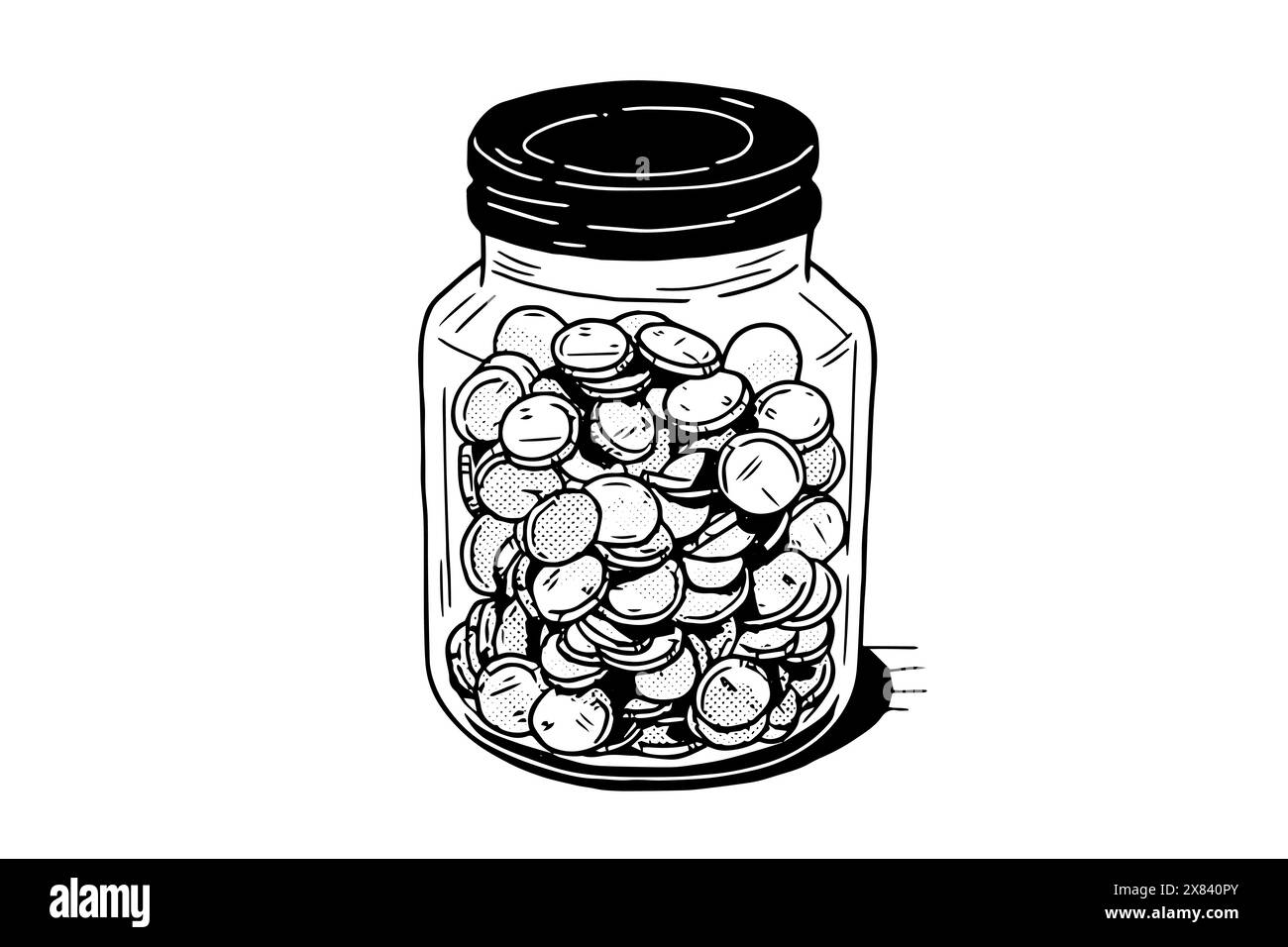 Full jar of coin hand drawn ink sketch. Engraved vector illistration. Stock Vector