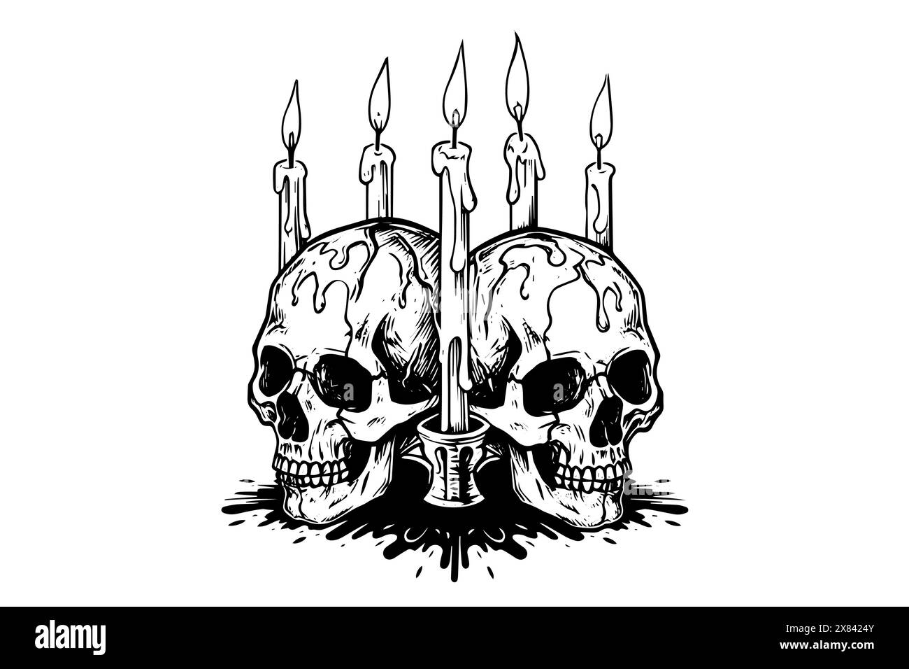 Scull with candle hand drawn ink sketch. Engraved style vector illustration. Stock Vector