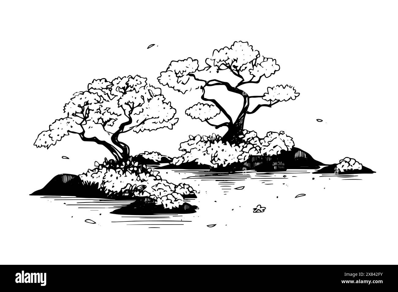 Minimalistic sakura tree landscape hand drawn ink sketch. Engraved style vector illustration. Stock Vector