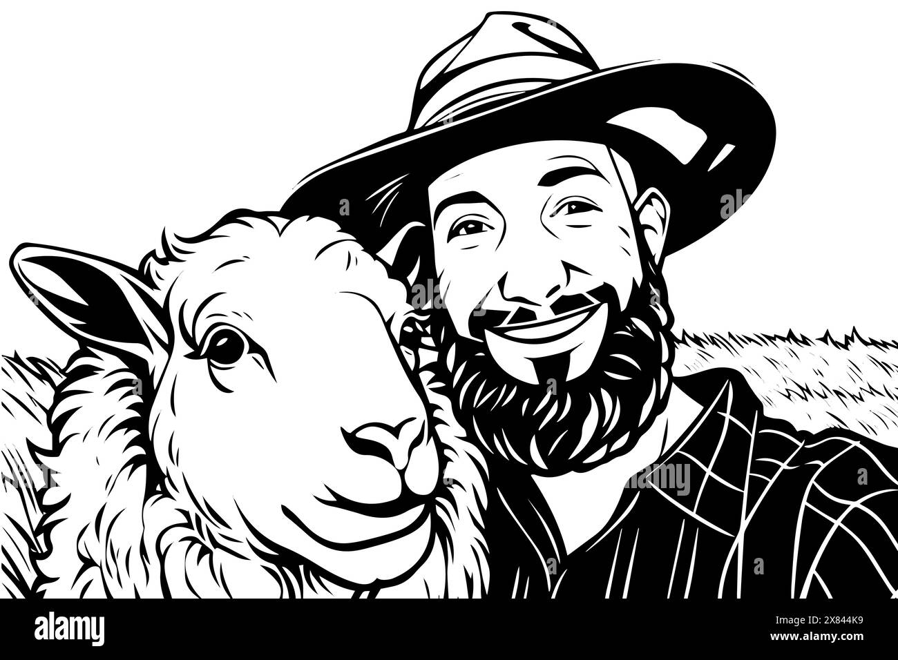 Pig and farmer hugs on the field illustration. Agriculture icon logo ...