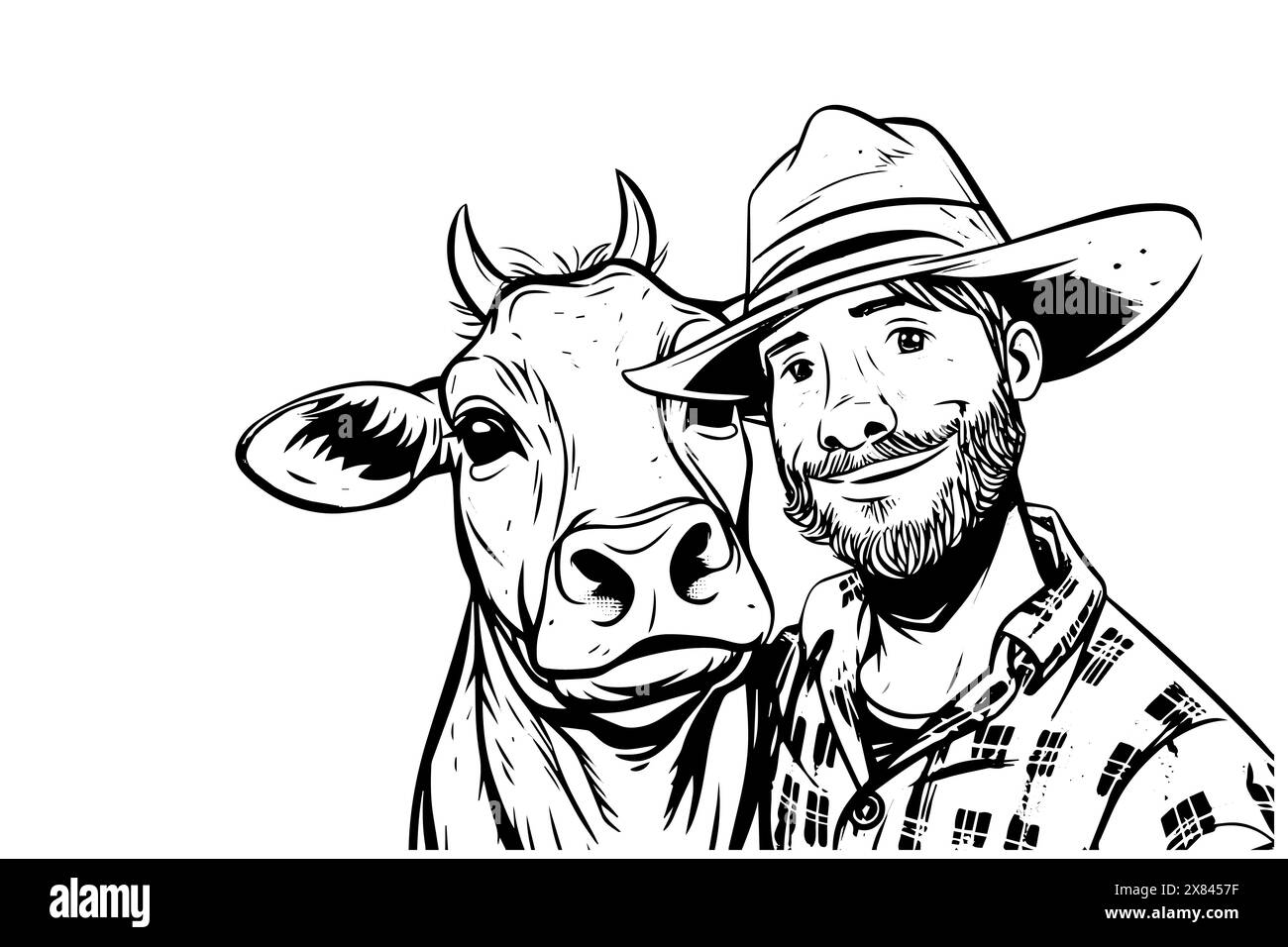 Cow and farmer head illustration. Agriculture icon logo vintage vector