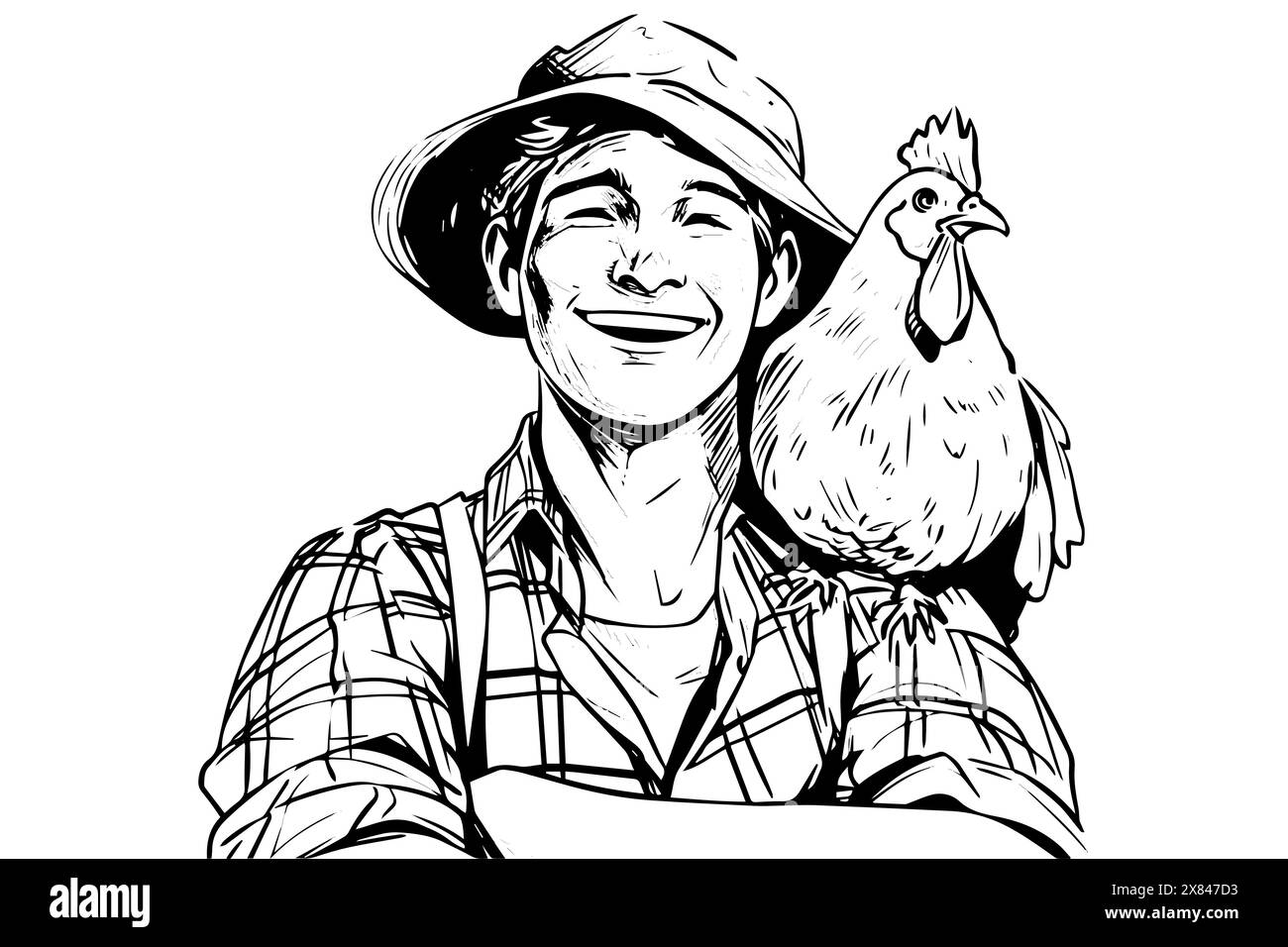 Farmer with a chicken on shoulder illustration. Organic egg farm logo