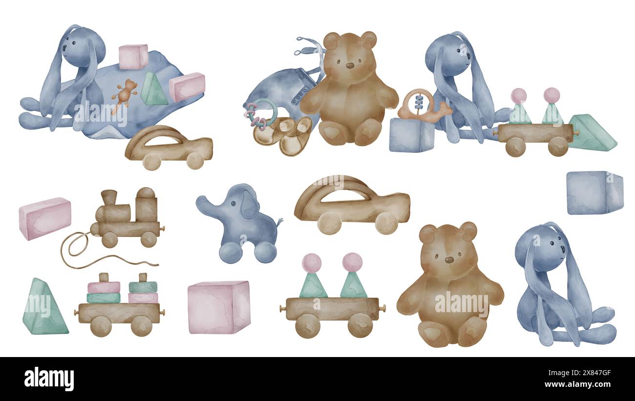 Set of assorted baby wooden and soft toys in neutral colors isolated on white. Car toy, blocks hand drawn. Illustration of teddy bear in pastel colors Stock Photo