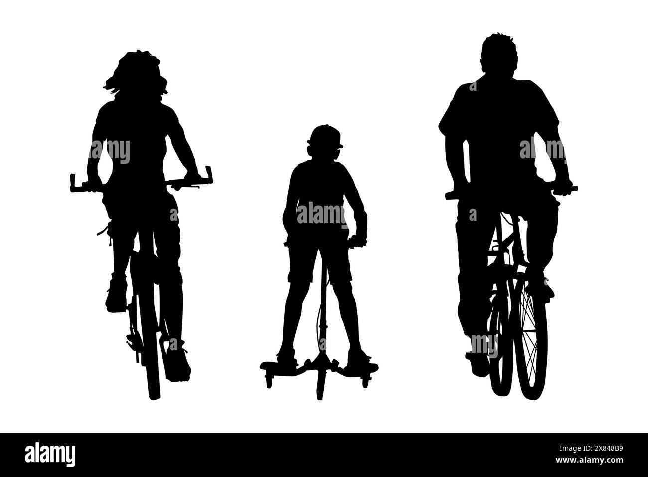 Family of cyclists silhouette. Family riding bicycle together. Boy riding bicycle with parents.Mother and father with kid in bike driving.Biker family Stock Vector