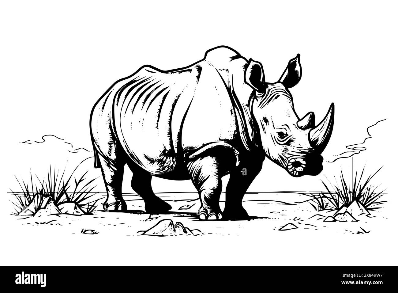 Rhinoceros in desert. Engraved lined style with bold lines. Black and white colors. Stock Vector