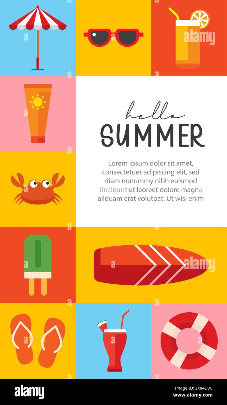 Hello summer poster and banners design. Summer with objects elements background. Stock Vector