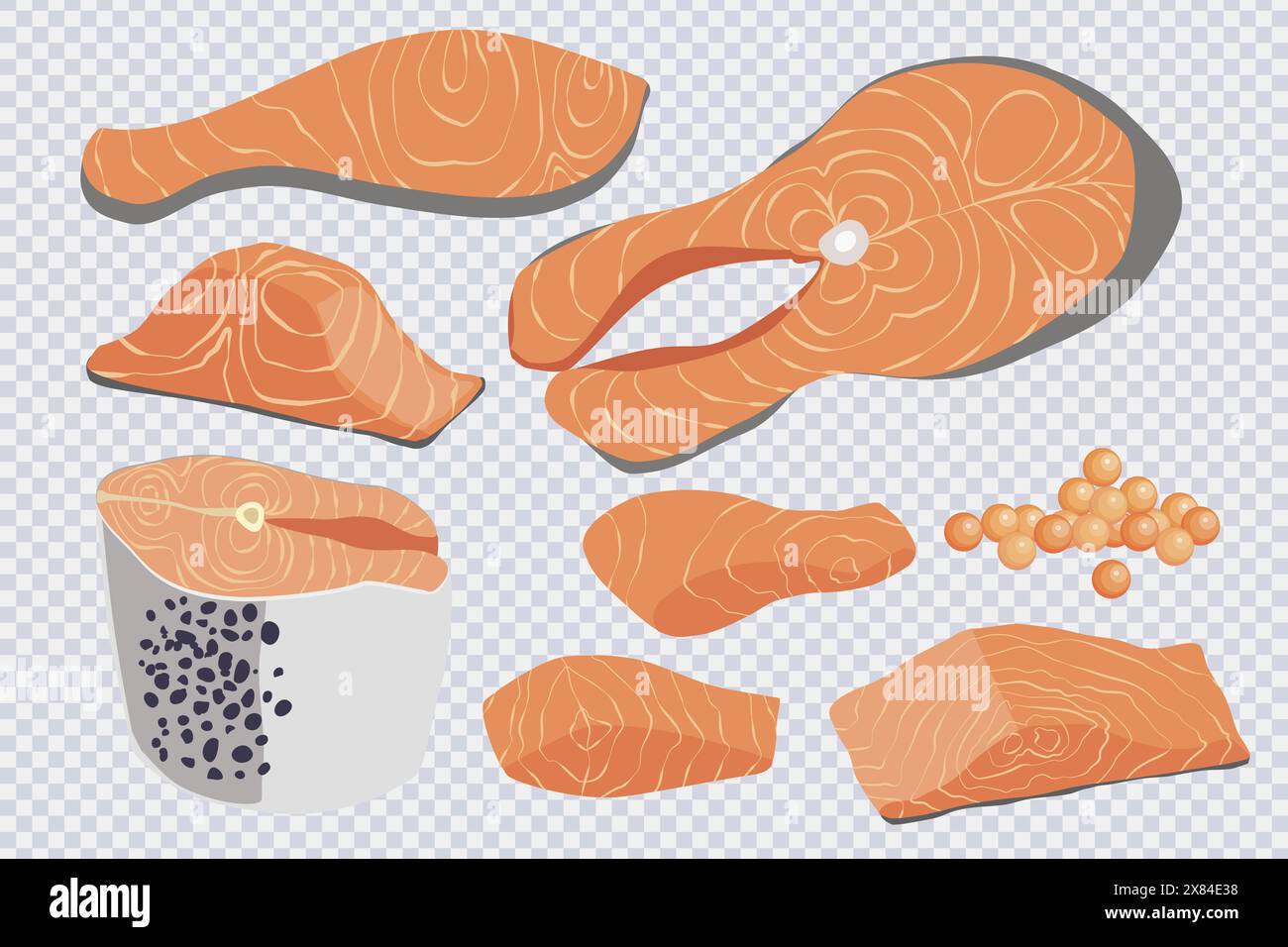 Pieces of red fish. Red fish steak, salmon fillet, caviar in flat style ...
