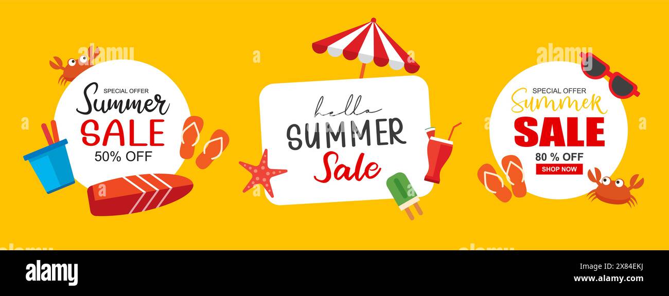 Hello summer poster and banners design. Summer with objects elements background. Stock Vector