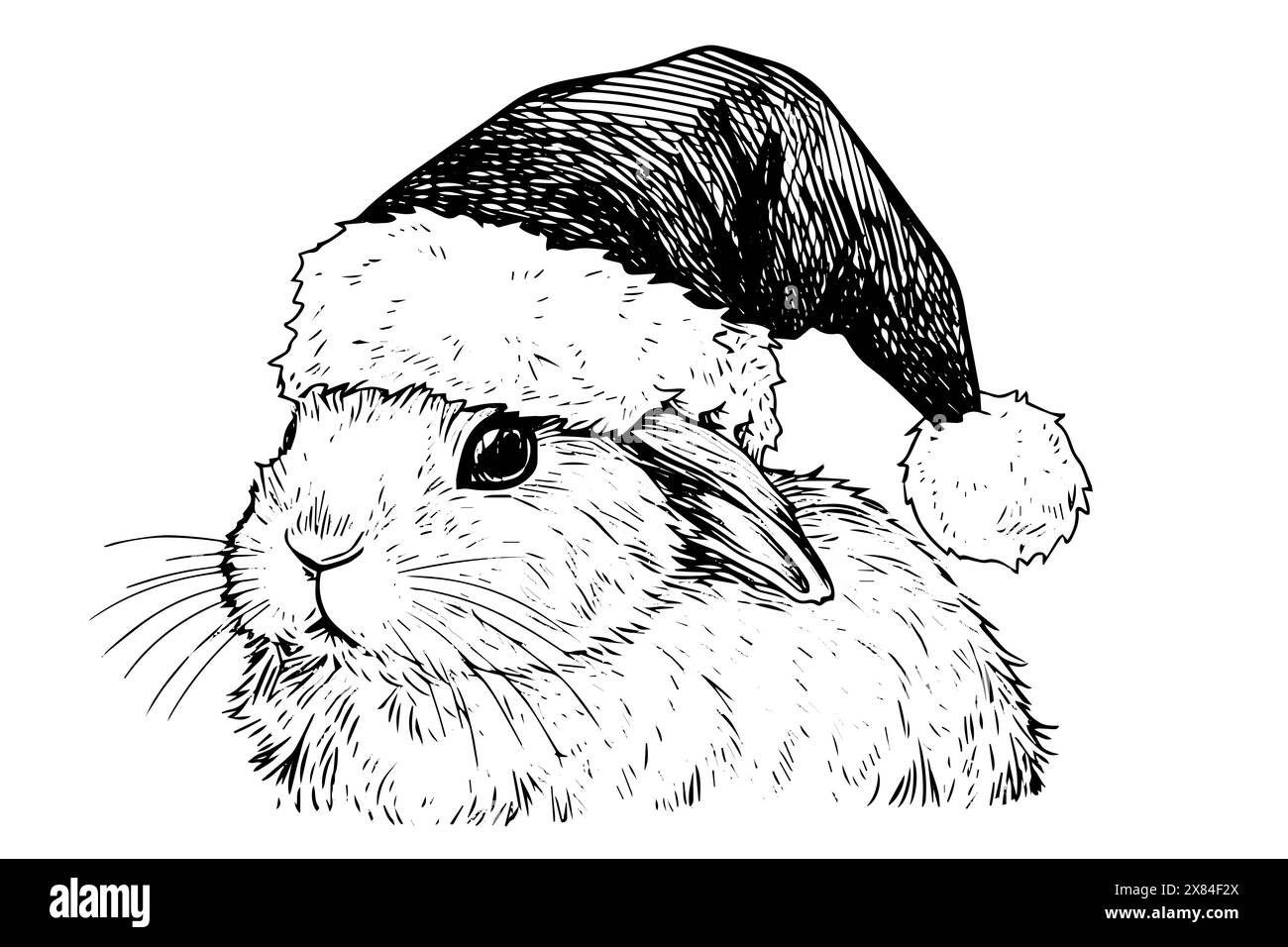 Christmas rabbit in Santa hat hand drawn ink sketch. Engraved style ...