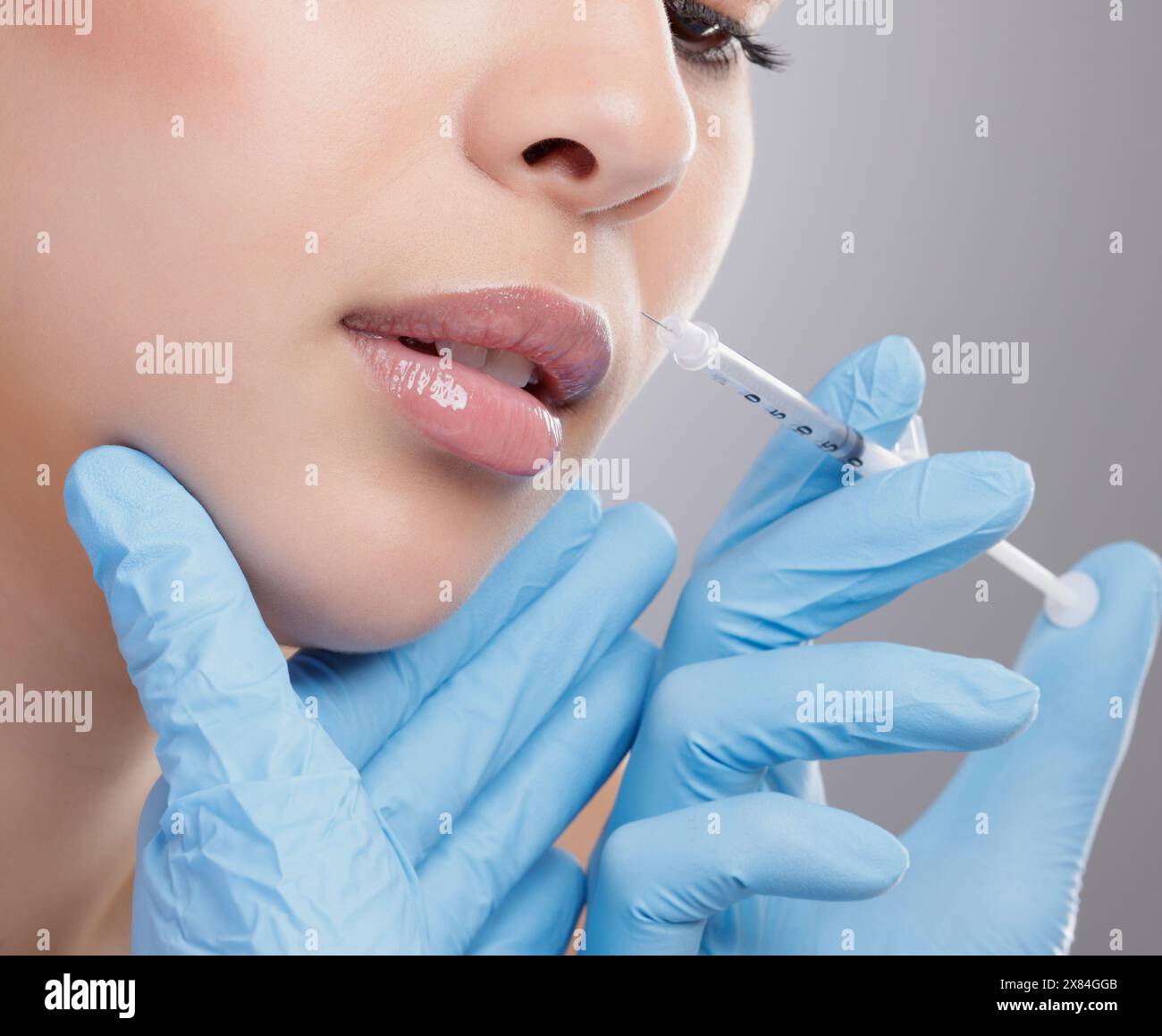 Both Hand Injection Hands, injection and woman with plastic surgery or botox for antiaging ...