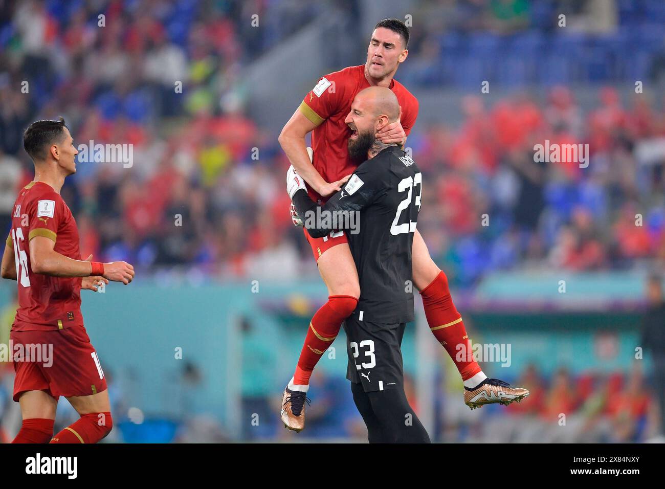 Stadium, Ras Abu Aboud, Doha. 02nd Dec, 2022. firo : Football, Soccer, Serbia -Switzerland 02.12.2022 jubilation Dusan Vlahovic and Vanja Milinkovic-Savic of Serbia during the game Serbia vs Switzerland, corresponding to Group G of the FIFA World Cup Qatar 2022, at 974 Stadium, Ras Abu Aboud, Doha, on December 02, 2022. Credit: dpa/Alamy Live News Stock Photo