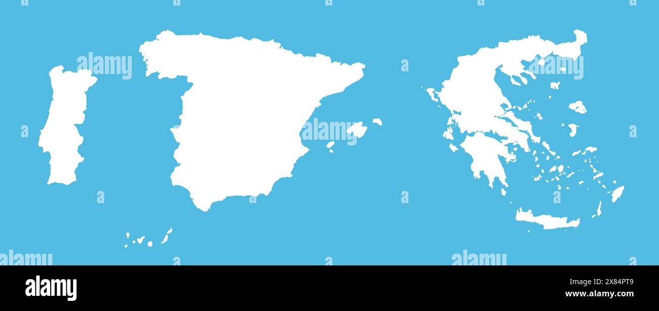 White silhouette of Spain, Portugal and Greece. Map illustration of European countries. Stock Photo