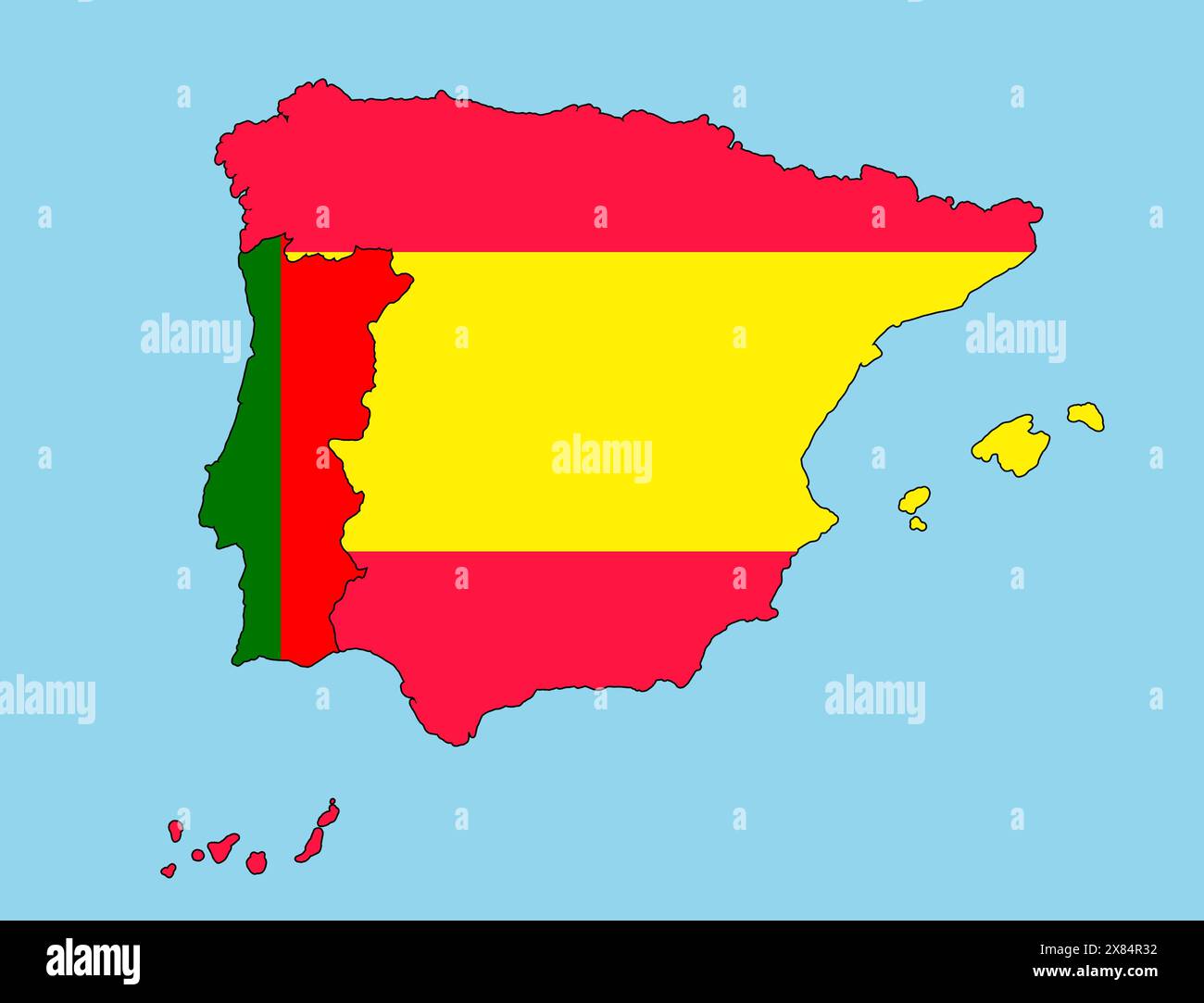 Map of Spain and Portugal in national flag colors. Map illustration of