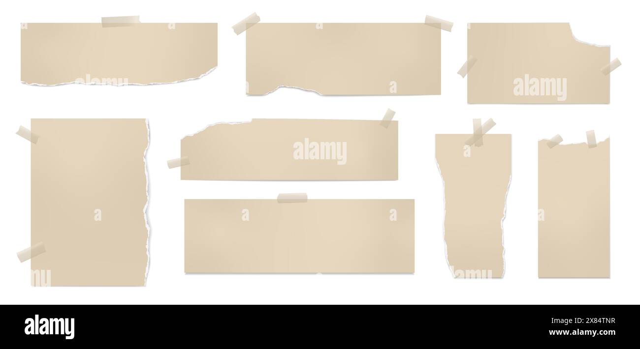 Set of torn brown note paper pieces stuck with adhesive tape are on white background for text or ad. Stock Vector
