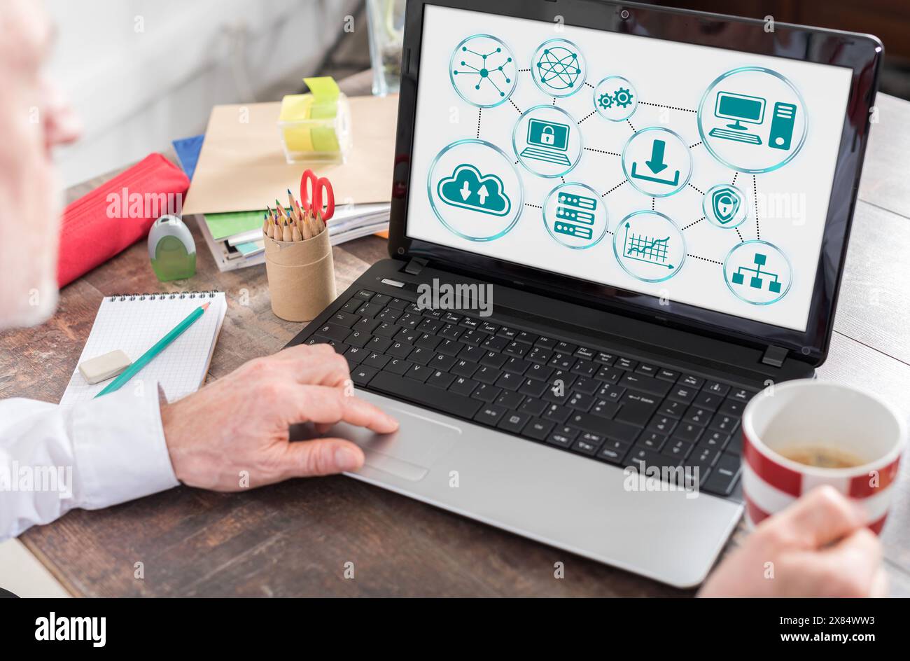 Cloud networking concept shown on a laptop screen Stock Photo
