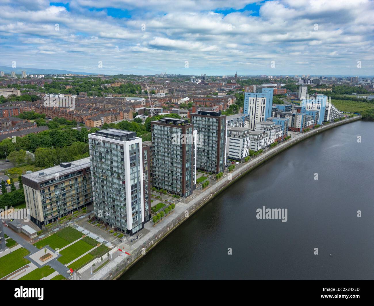 Aerial view from drone of high rise apartment buildings beside River ...