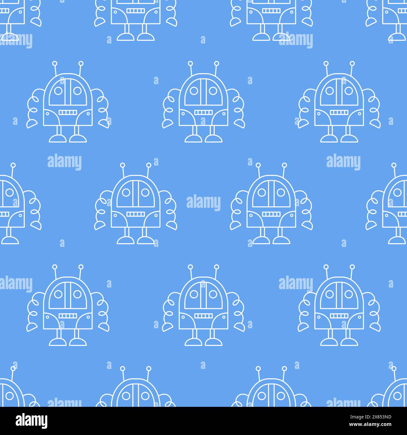 Cute Fun Robots Seamless Pattern Doodle Background Stock Vector