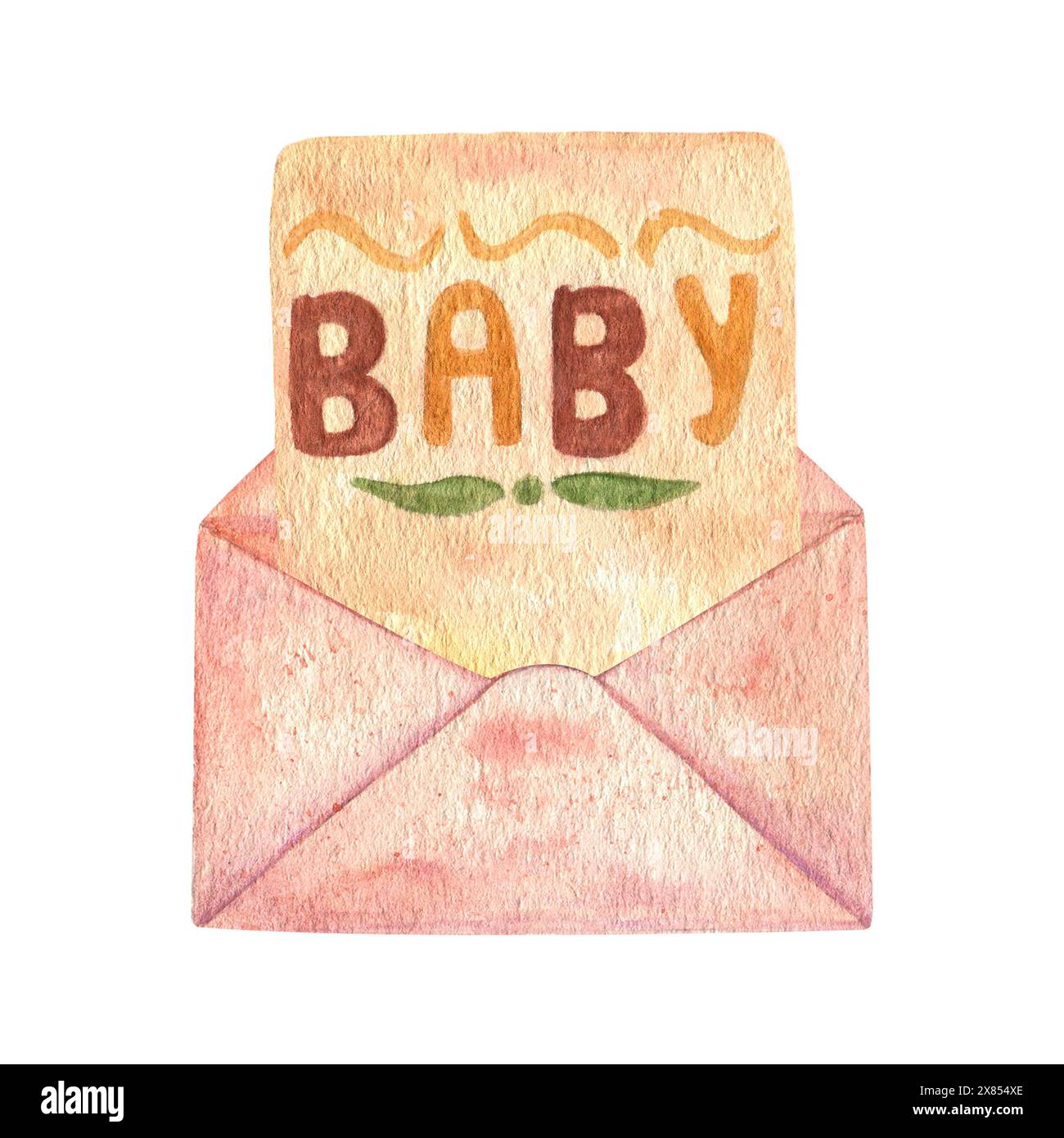 Watercolor illustration of the envelope with the letter 'Baby'. Isolated on a white background. Delicate shades for invitation cards, postcards, fabri Stock Photo