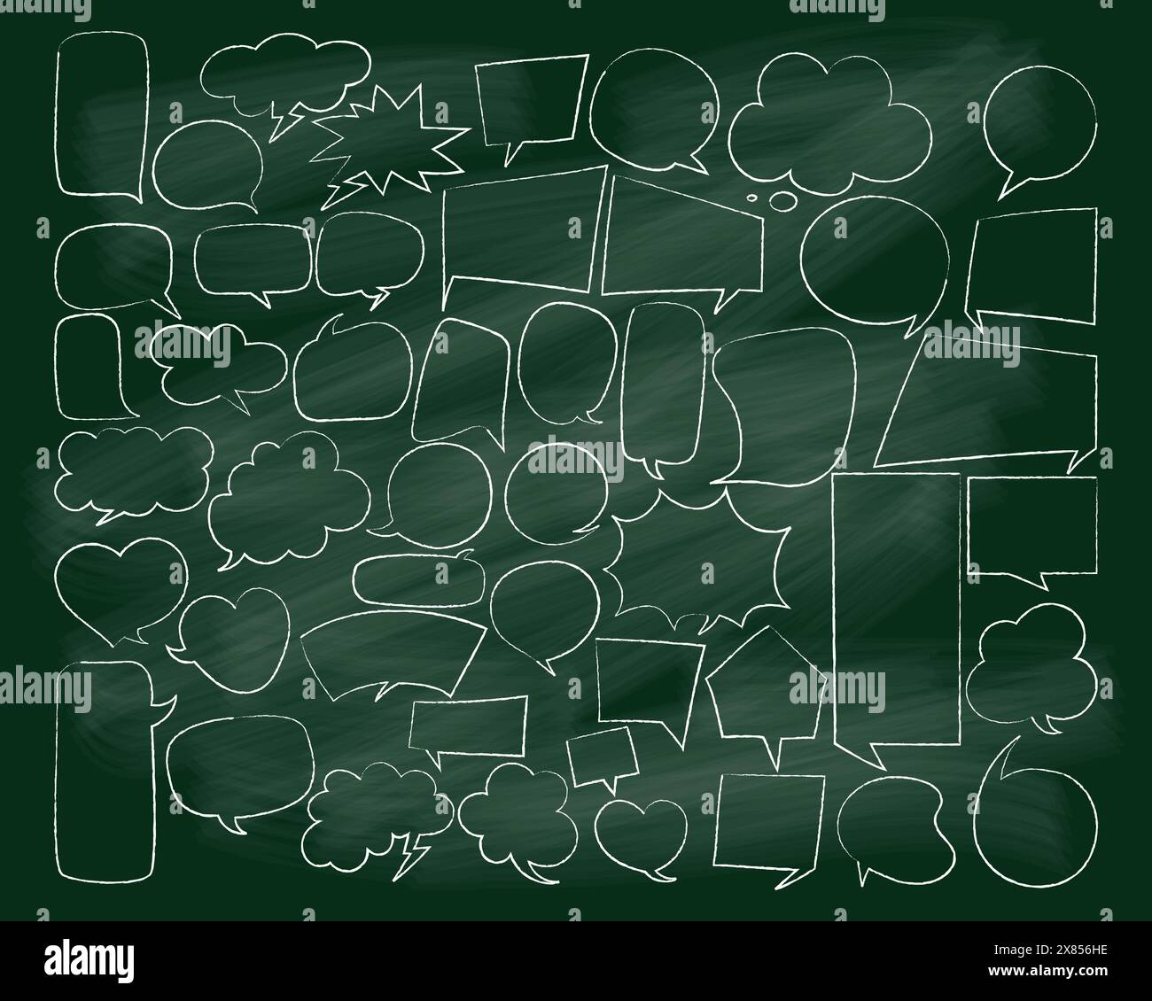 Speech bubbles doodles white chalk on green school board. Cloud for text, empty geometric shapes, chatting box, message box. Isolated vector blank emp Stock Vector
