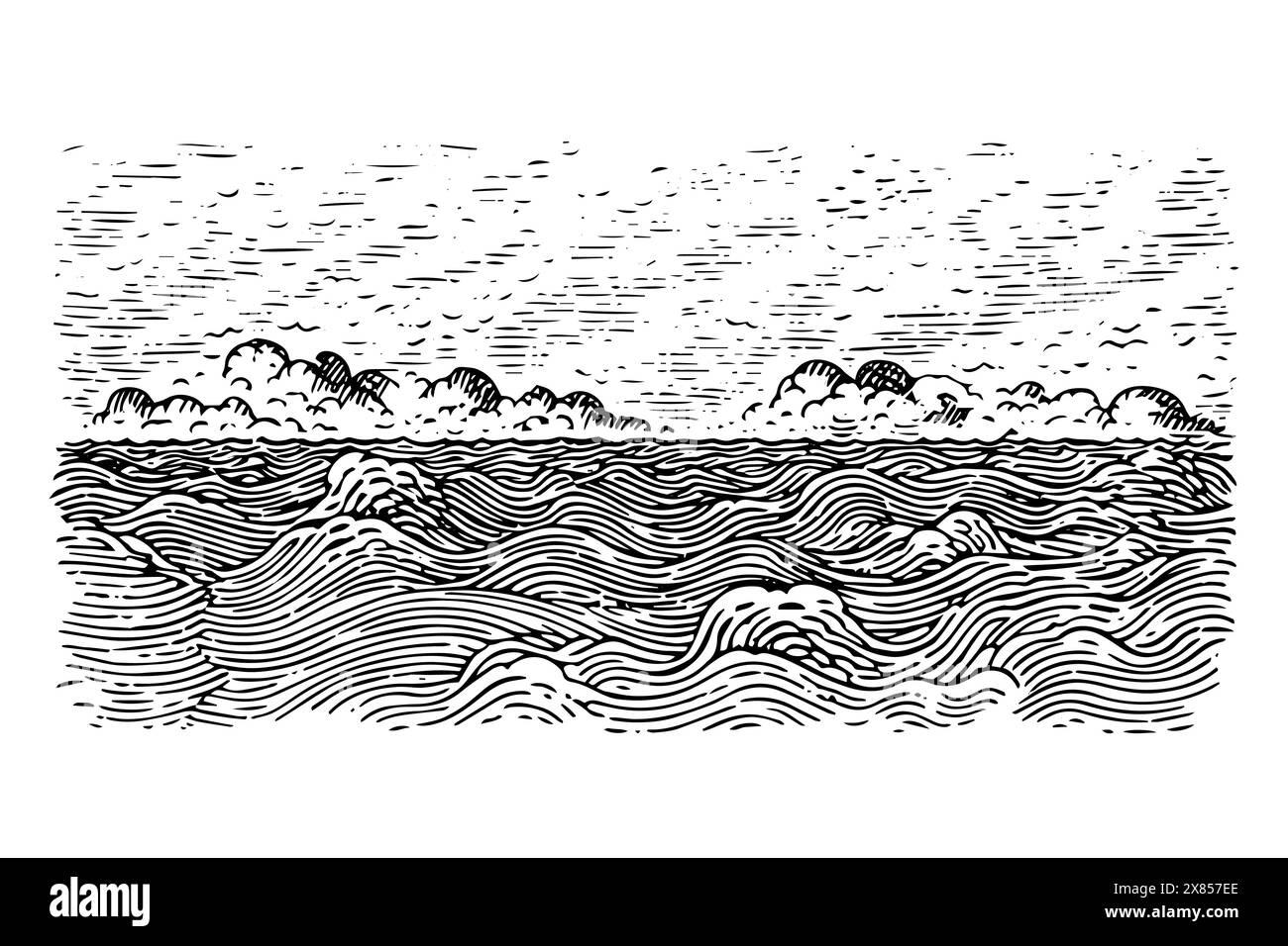 Vintage Sea Wave Sketch: Engraved Vector Illustration of Nature Landscape. Stock Vector