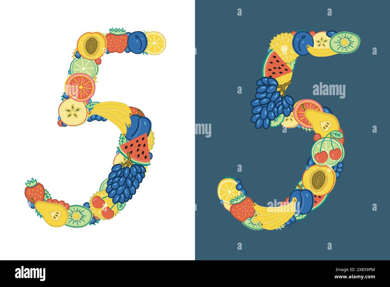 The number 5 is made up of brightly colored fruits and berries. Different fives one on a white and one on a dark blue background. Hand-drawn in doodle Stock Vector