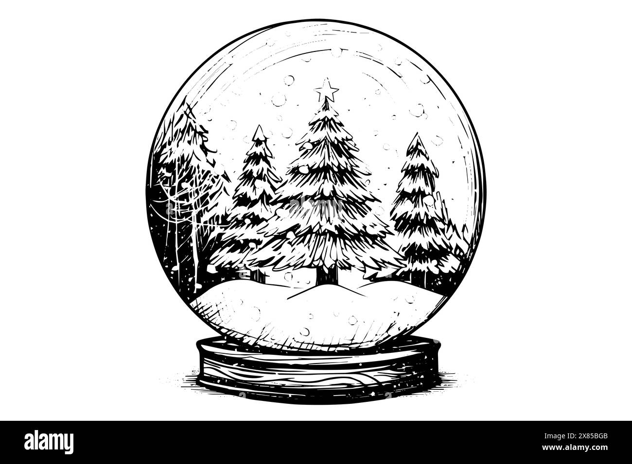 Merry Christmas gift snow globe Snowflake tree inside. Vector engraving ...