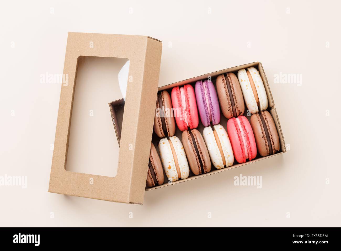 Colorful macaroons in gift box. Top view Stock Photo