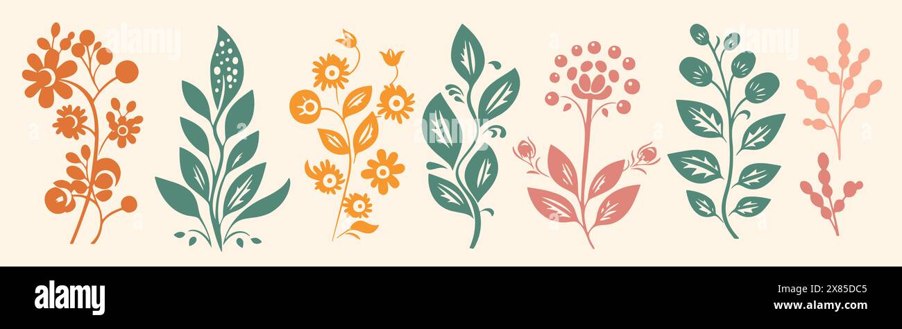 Set of vector abstract flowers with leaves. set of colored silhouettes ...