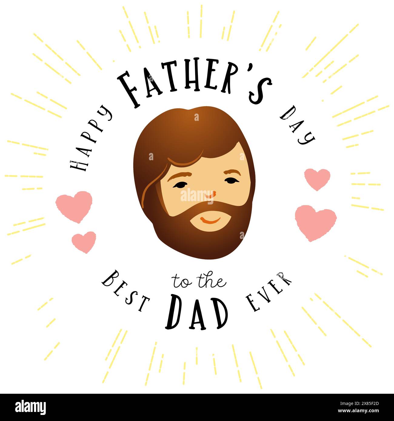 Happy Father's Day to the Best Dad Ever cute creative congrats with bearded face. Digital illustration. Round emblem, badge concept. T shirt graphic Stock Vector