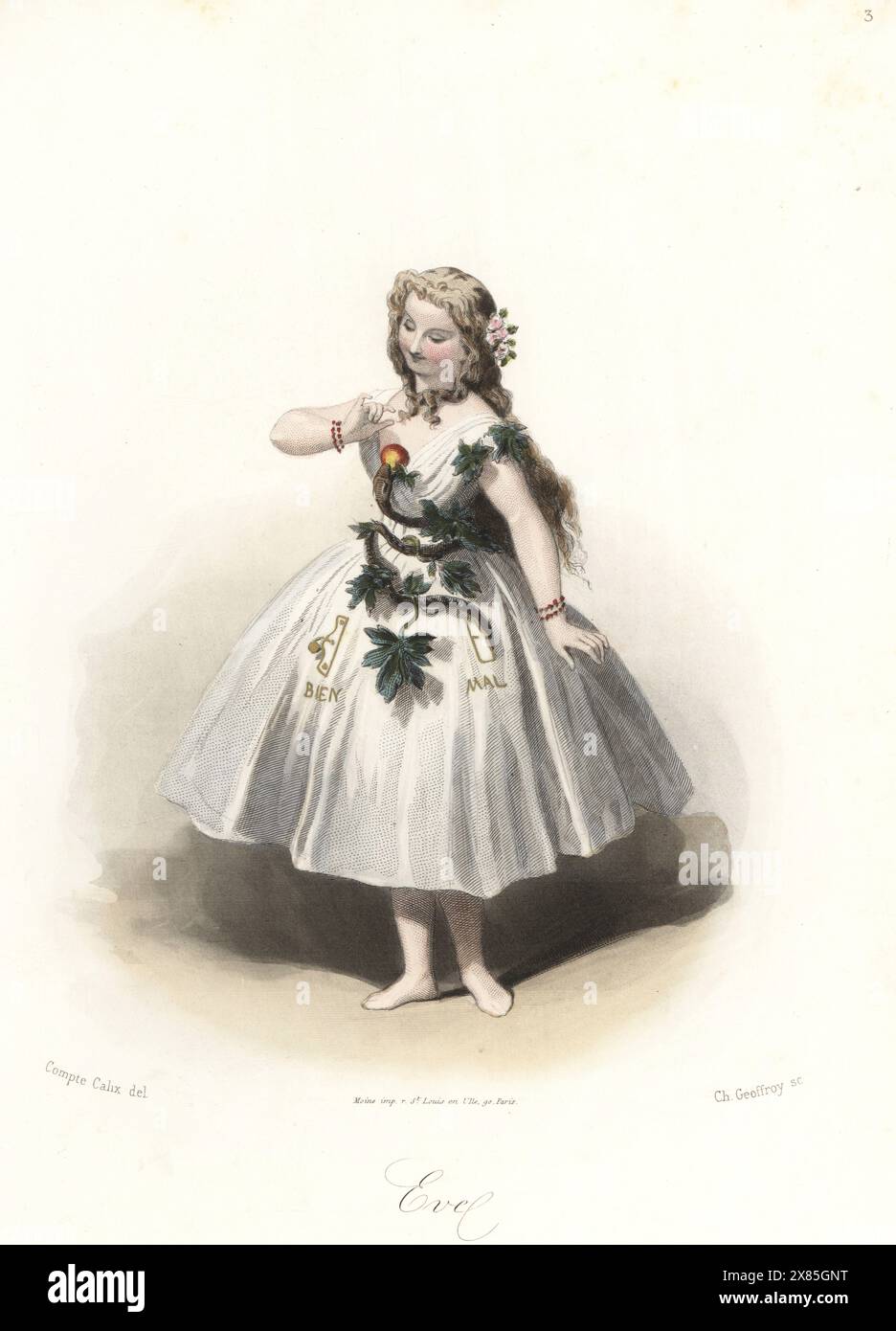 Woman in costume of Biblical Eve. Young girl in white gown with images of Bien and Mal, a snake climbing foliage on the front to an apple. Handcoloured steel engraving by Charles Geoffroy after an illustration by Francois Claudius Compte-Calix from Les travestissements élégants, Elegant Fancy Dress Costumes, Les Modes Parisiennes, Paris, 1853. Stock Photo