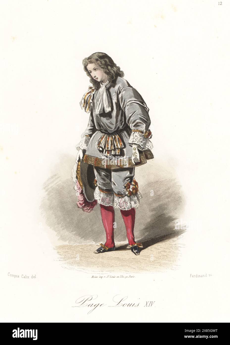 Woman in costume of a Page to King Louis XIV of France With long loose hair, cravat, doublet and breeches trimmed with lace, stockings and buckle shoes, holding a plumed hat. Handcoloured steel engraving by Ferdinand after an illustration by Francois Claudius Compte-Calix from Les travestissements élégants, Elegant Fancy Dress Costumes, Les Modes Parisiennes, Paris, 1853. Stock Photo