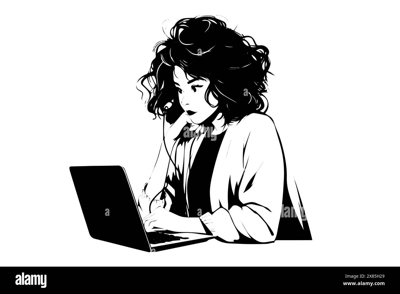 Office woman working in laptop vector sketch online study business