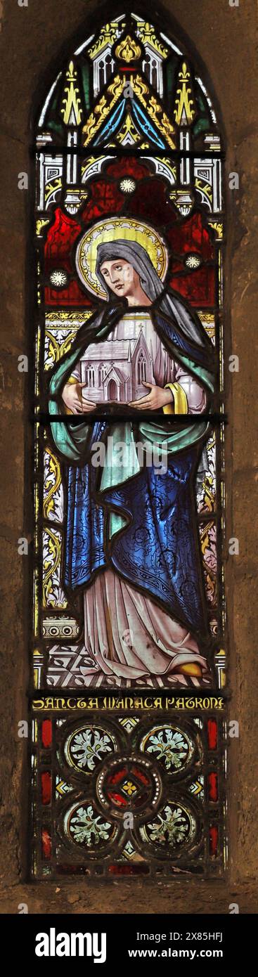 Stained glass window by Edwin Horwood depicting St Manacca, Church of St Manaccus & St Dunstan, Manaccan, Cornwall Stock Photo