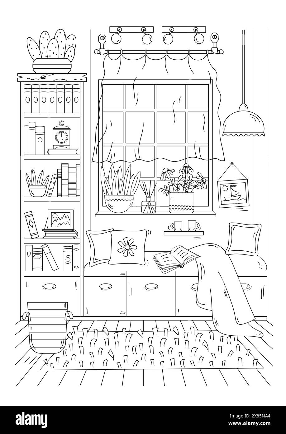 Coloring Page Features Cozy Windowsill With Cushions And Books, Perfect For Both Adults And Children Stock Vector