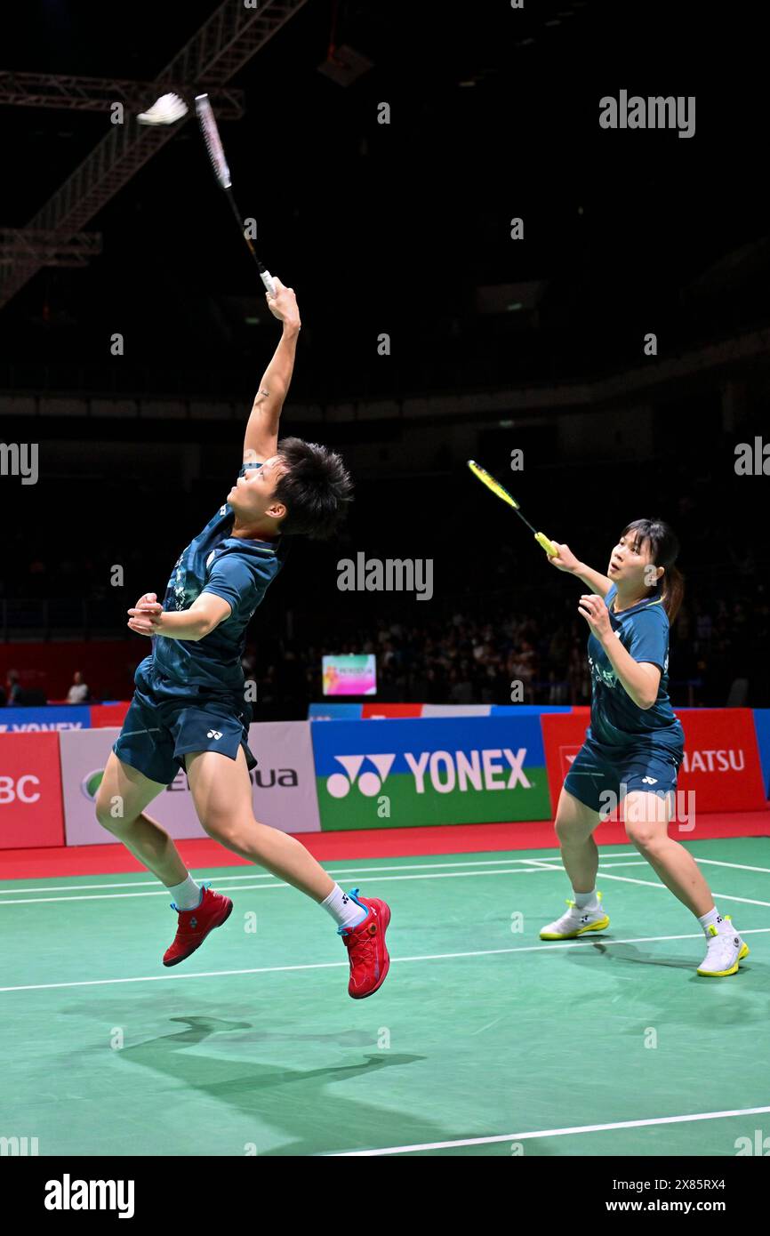 Kuala Lumpur, Malaysia. 23rd May, 2024. Chang Ching Hui/Yang Ching Tun (L) of Chinese Taipei compete against Li Yijing/Luo Xumin of China during their women's doubles round of 16 match at Malaysia Masters 2024 in Kuala Lumpur, Malaysia, May 23, 2024. Credit: Cheng Yiheng/Xinhua/Alamy Live News Stock Photo