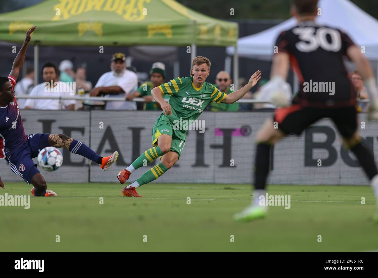 St. Petersburg, Florida, USA. 22nd May, 2024. Tampa Bay Rowdies midfielder Blake Bodily (11) kicks a centering pass across the goal area during the Lamar Hunt U.S. Open cup round of sixteen game on May 22, 2024 at Al Lang Stadium . FC Dallas beat the Rowdies 2-1. (Credit Image: © Kim Hukari/ZUMA Press Wire) EDITORIAL USAGE ONLY! Not for Commercial USAGE! Stock Photo