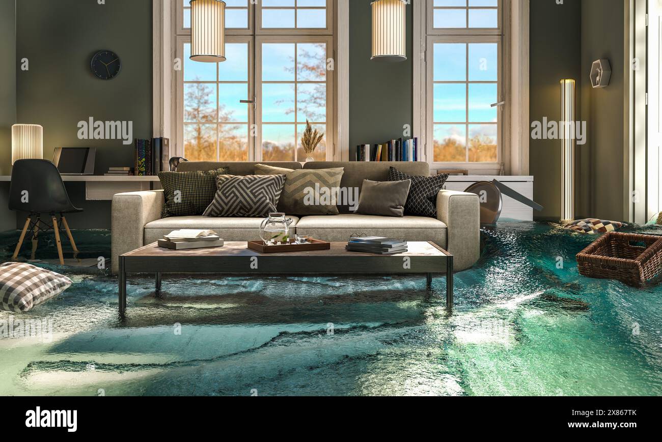 Contemporary living room  submerged  water problem,damage,insurance Stock Photo