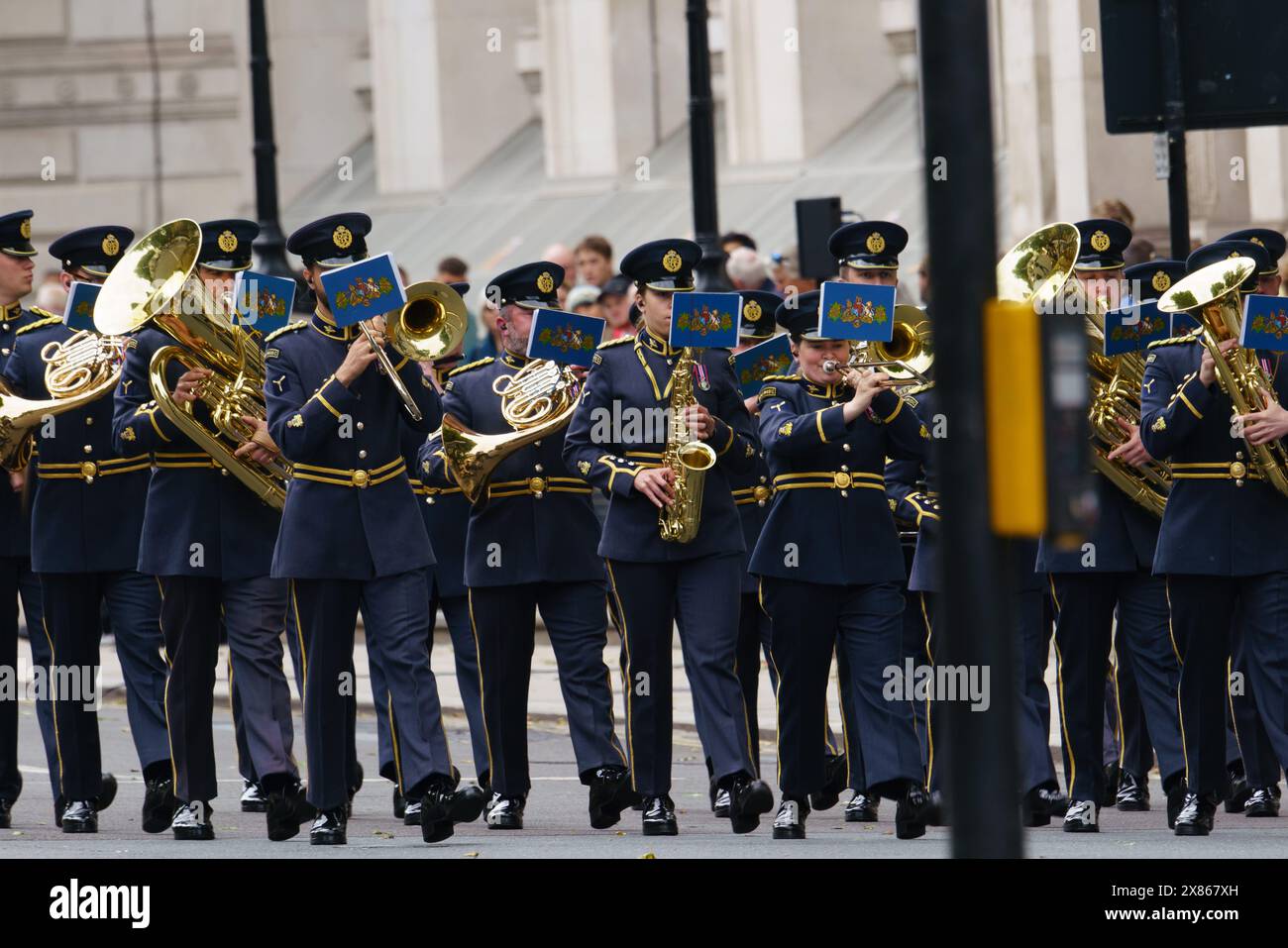 London Whitehall 23rd May 2024 A military band and platoon of soldiers