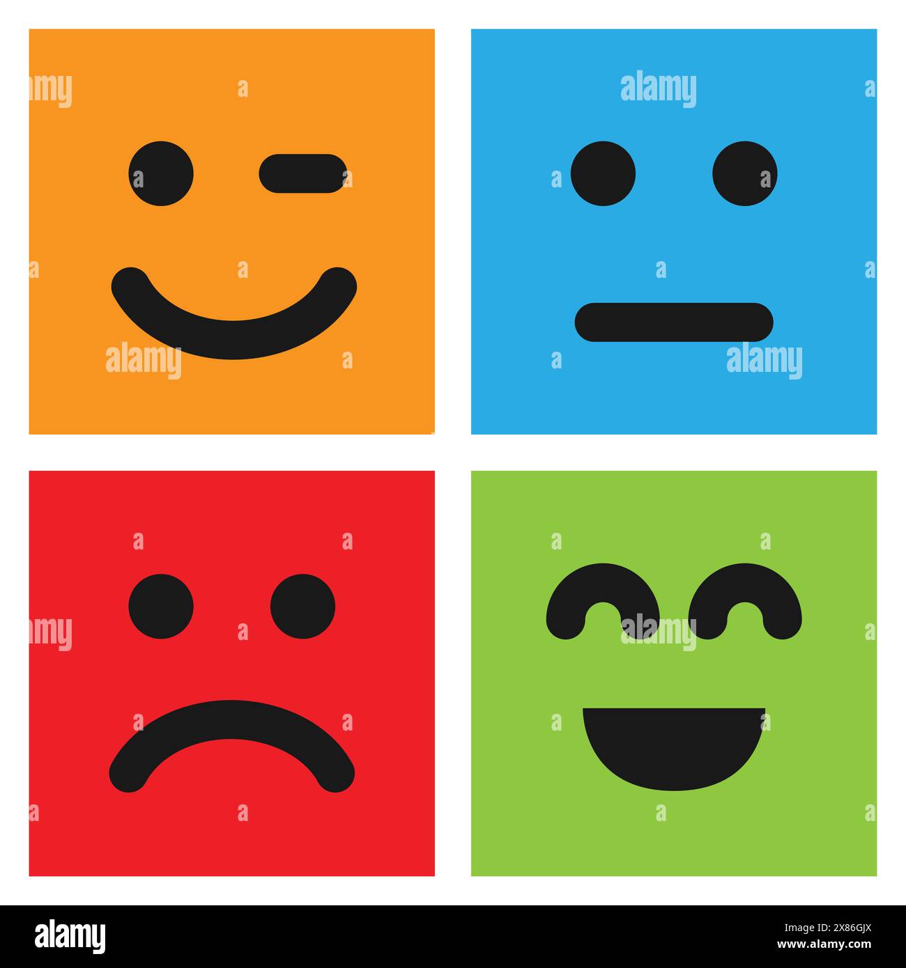 Set of four colorful emoticons with smiley, winking and dissatisfied faces . Emoji icon in square. Flat background pattern. Vector illustration Stock Vector