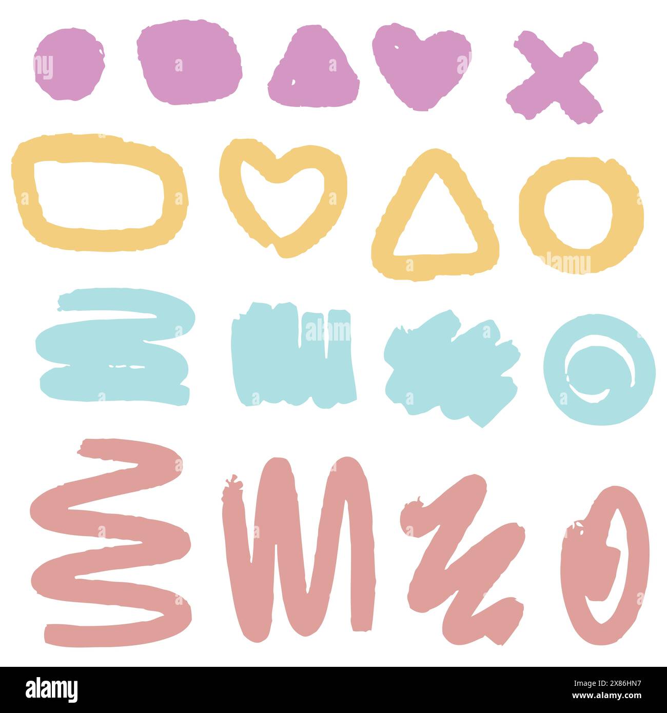 Set of colored hand drawn grunge design elements. Hand draw brush lines ...