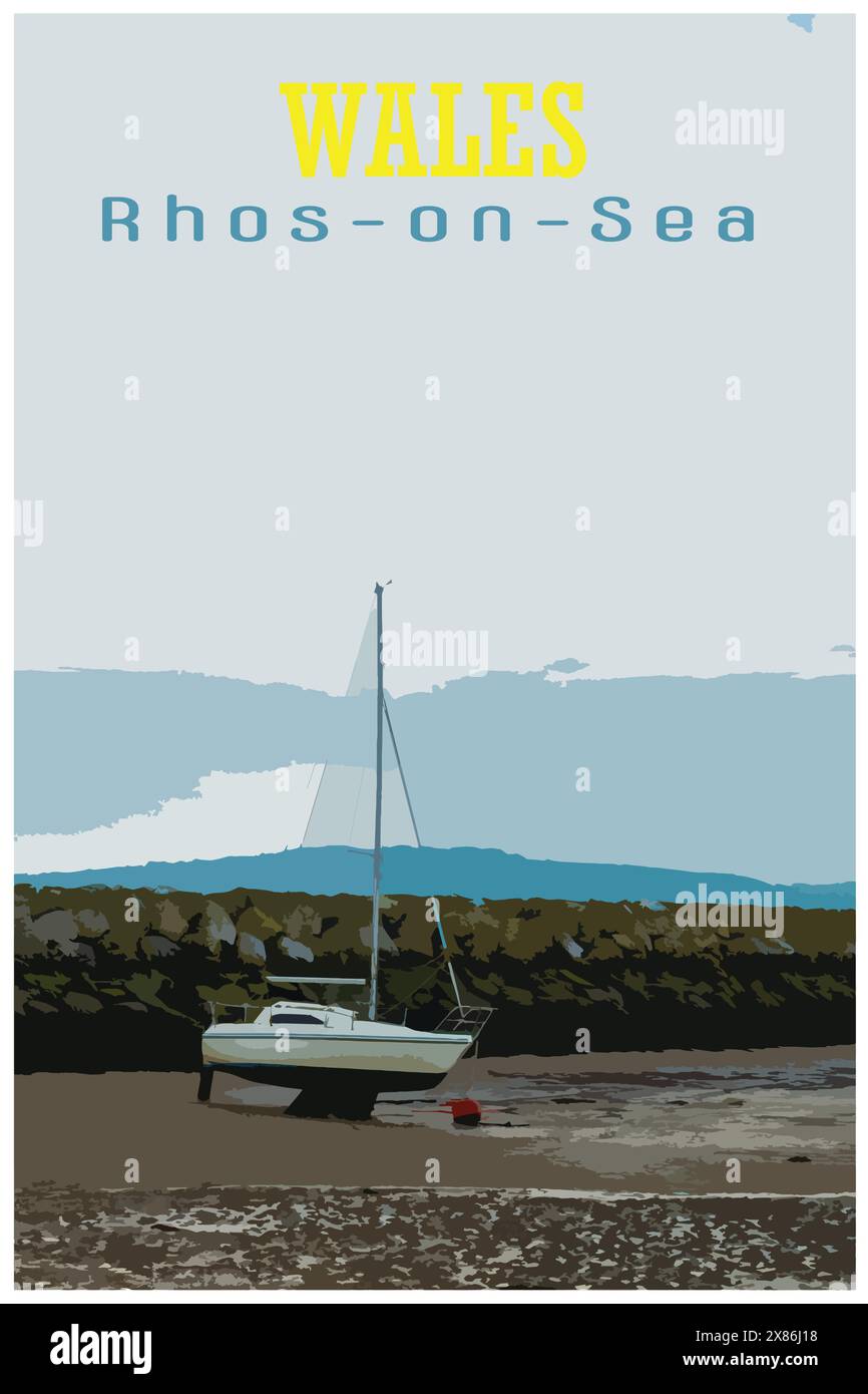 WPA inspired retro travel poster of small boats moored in the harbour at Rhos-on-Sea, Wales, Uk at low tide. Stock Vector